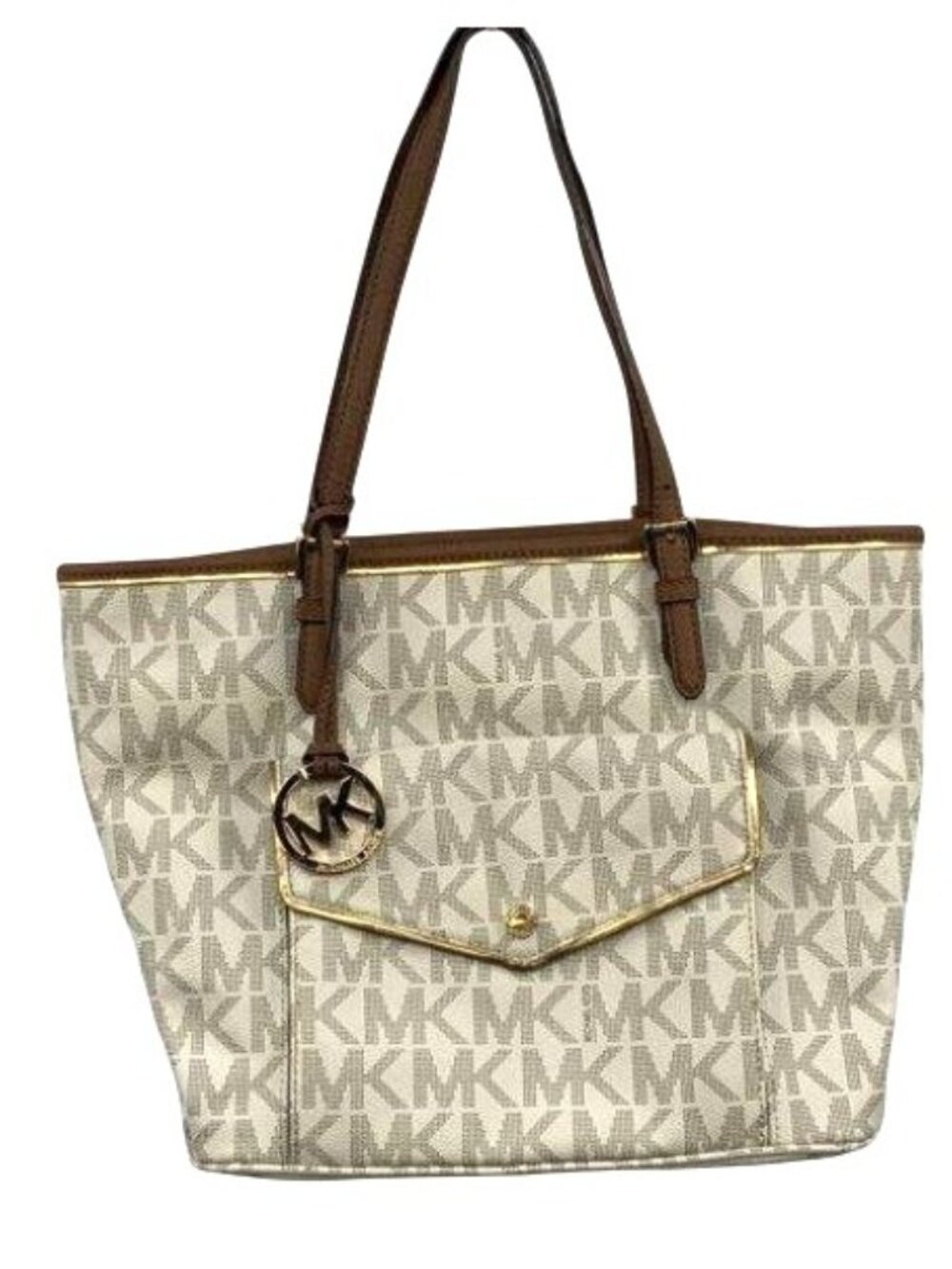 Michael Kors Vanilla & Brown MK Logo Print Leather Tote